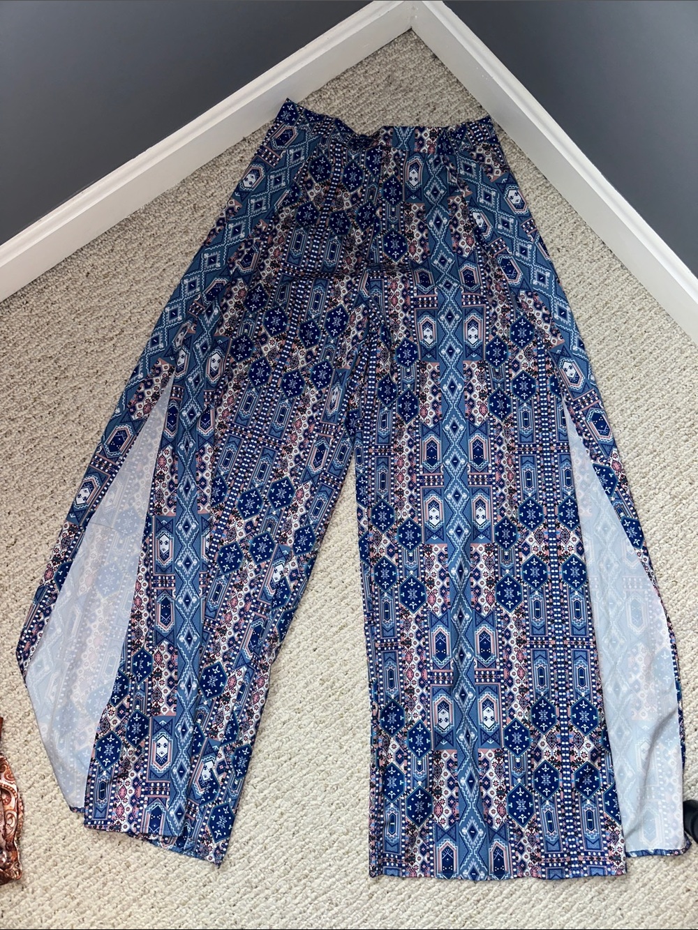 SHEIN Blue Geometric Split Wide-Leg Palazzo Pants